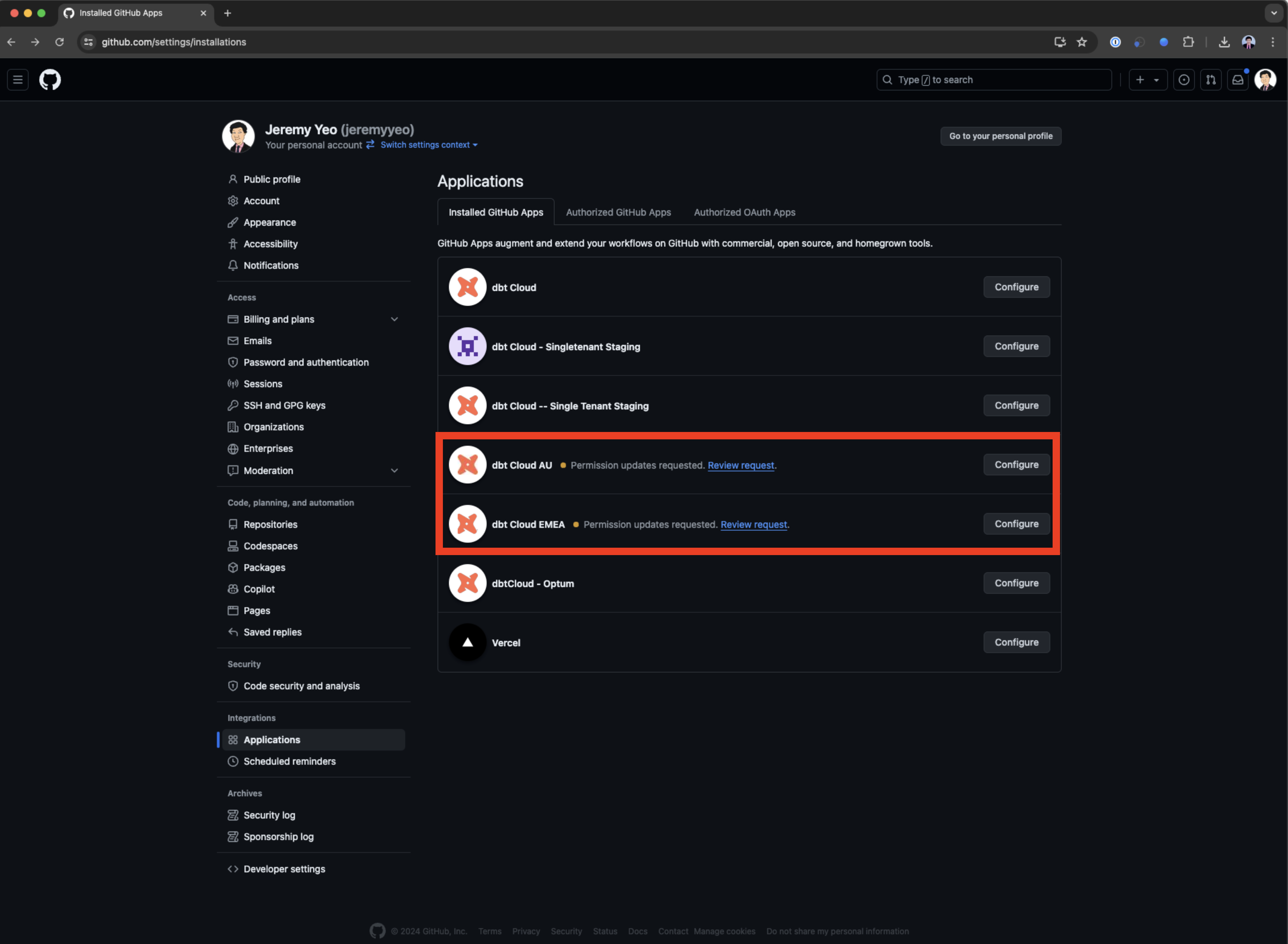Navigate to Application settings to identify permission changes. Navigate to Application settings to identify permission changes.